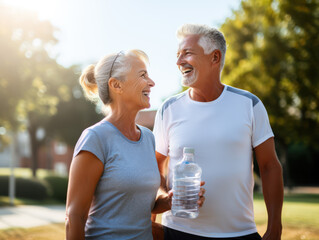 A romantic couple finished exercising outdoor, smiling while carrying drinking water in a bottle