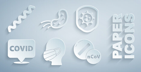 Set Face in a medical protective mask, Shield protecting from virus, Corona covid-19 on location, Medicine pill tablet, Virus and icon. Vector