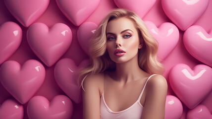 Obraz na płótnie Canvas Beautiful woman with pink hearts