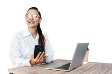 The company's office assistant is a smart woman using a laptop computer working. Employee copywriter style youth online work on the internet. Transparent isolated background.