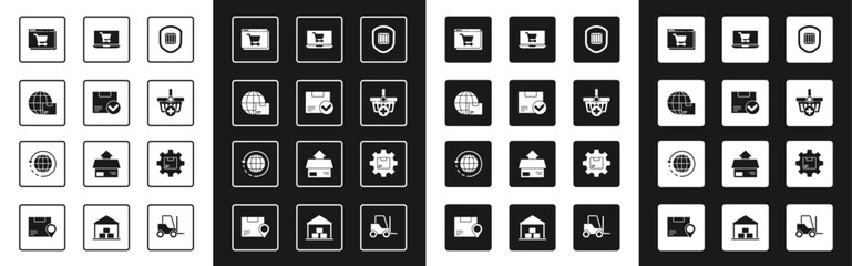 Set Delivery security with shield, Package box check mark, Worldwide shipping and, Online shopping on screen, Add to Shopping basket, cart laptop, Gear wheel package and icon. Vector