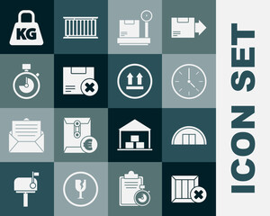 Set Wooden box and delete, Warehouse, Clock, Scale with cardboard, Carton, Stopwatch, Weight and This side up icon. Vector