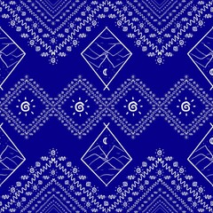 Obraz premium Geometric ethnic floral pattern Thai silk pattern embroidery design for decorative home carpet blue geometric pattern