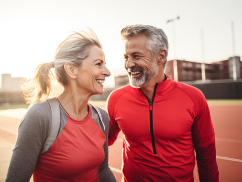 photo of a couple smiling happily on the running track wearing the same red clothes