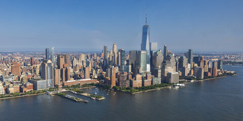 Panoramic aerial view of Lower Manhattan, the Financial District and the Hudson River, New York, USA