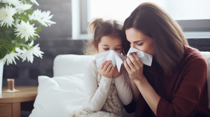 mother and daughter are having a cold while covering their noses with tissues on the bed - obrazy, fototapety, plakaty