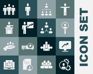 Set Head hunting, Graph, schedule, chart, Search people, Hierarchy organogram, Team leader, Speaker, Users group and Project team base icon. Vector