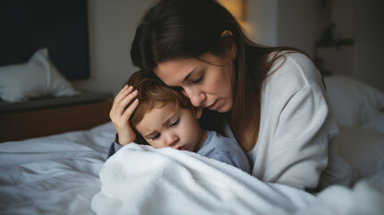Obraz na płótnie Canvas portrait of a mother hugging her beloved child warmly in bed