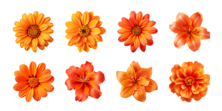 Collection of various orange flowers isolated on a transparent background