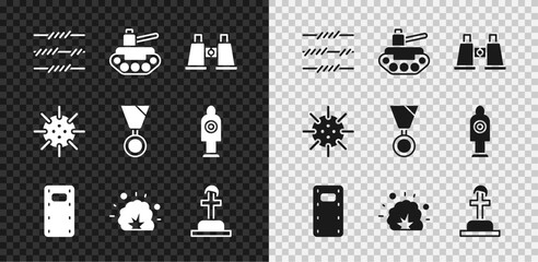 Set Barbed wire, Military tank, Binoculars, assault shield, Bomb explosion, Soldier grave, Naval mine and reward medal icon. Vector
