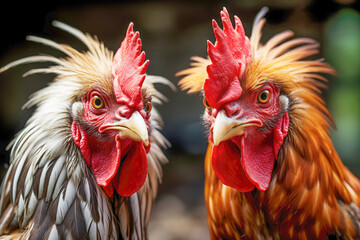 In the world of domestic poultry, a pair of cockerels prepare for a fierce battle in the background of a rural farm, highlighting the intensity of cockfights.