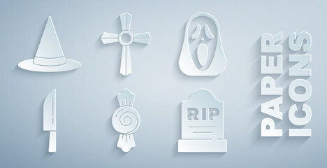 Set Candy, Funny scary ghost mask, Knife, Tombstone with RIP written, cross and Witch hat icon. Vector