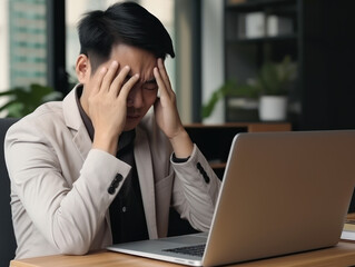 a male office worker who is dizzy and stressed about working in front of a laptop