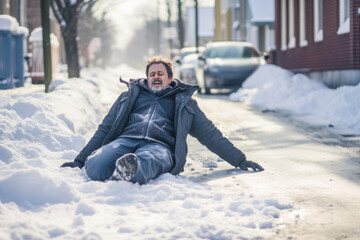 A person slipping on ice during winter, illustrating the risk and danger of outdoor conditions. - obrazy, fototapety, plakaty