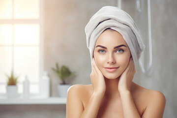 A woman using a towel to care for her skin, highlighting the importance of skincare and a natural, healthy complexion.