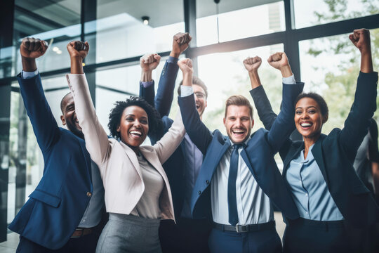 A joyful scene of male and female colleagues in an office setting, united in celebrating a successful business outcome, demonstrating teamwork and unity.
