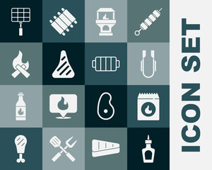 Set Sauce bottle, Barbecue coal bag, Meat tongs, Brick stove, Steak meat, Campfire, steel grid and grill icon. Vector