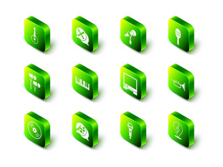 Set Drum sticks, Microphone, Maracas, Trumpet, Treble clef, Voice assistant, and Music note, tone icon. Vector