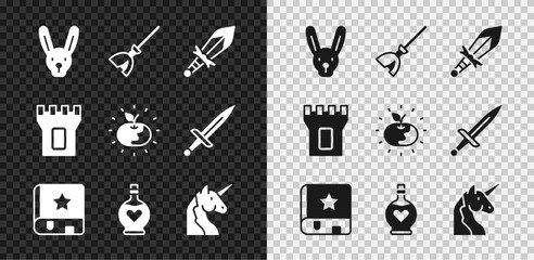Set Rabbit with ears, Witches broom, Medieval sword, Ancient magic book, Bottle love potion, Unicorn, Castle tower and Poison apple icon. Vector
