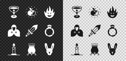 Set Medieval goblet, Poison apple, Fire flame, Burning candle in candlestick, Witch cauldron, Rabbit with ears, Mantle, cloak, cape and sword icon. Vector