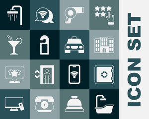 Set Bathtub, Safe, Hotel building, Hair dryer, Please do not disturb, Cocktail, Shower and Taxi car icon. Vector