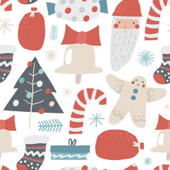 Cute winter Christmas New Year seamless pattern. Funny hand drawn doodle repeatable pattern with santa, candy stick, ginger bread man, gift, bell, Christmas tree. Winter season, Noel theme background