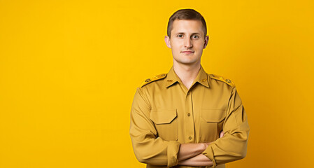 Joven hombre vestido con uniforme amarillo y fondo amarillo