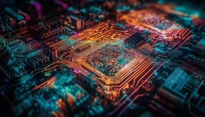 Complex circuit board glows with electricity, powering modern technology generative AI