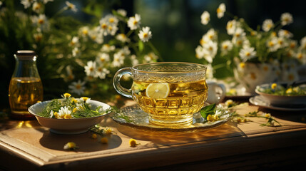 Herbal tea with fresh chamomile flowers on the table.