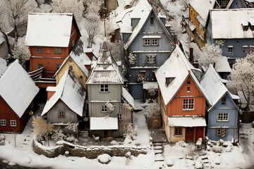 snow covered roofs ariel view - obrazy, fototapety, plakaty