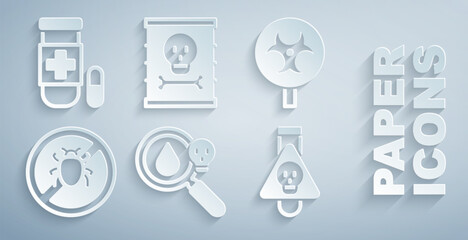 Set Poison magnifying glass, Biohazard symbol, Stop colorado beetle, Bottle with potion, Radioactive waste barrel and Antidote icon. Vector