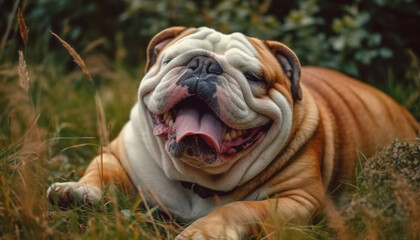 A playful French bulldog yawns in the green meadow, smiling generative AI