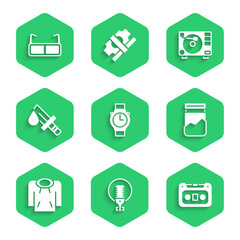 Set Wrist watch, Microphone, Retro audio cassette tape, Plastic bag of drug, Hoodie, Bloody knife, Vinyl player with vinyl disk and Glasses icon. Vector