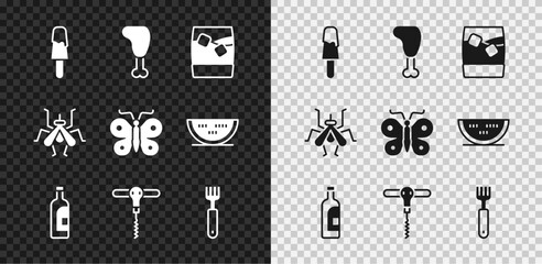 Set Ice cream, Chicken leg, Glass of whiskey with ice, Bottle wine, Wine corkscrew, Fork, Mosquito and Butterfly icon. Vector