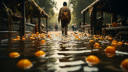 Man stands in a flooded water. - obrazy, fototapety, plakaty