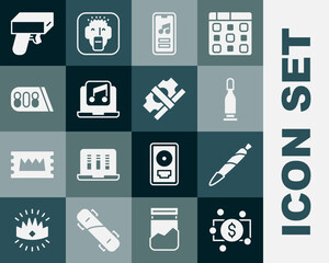Set Stacks paper money cash, Marijuana joint, spliff, Bullet, Music player, Laptop with music, Drum machine, Money gun and icon. Vector