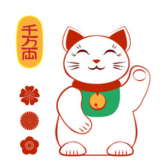 Japenese lucky cat Maneki Neco with abstract flowers and japenese traditinal wish for wealth. Vector illustration