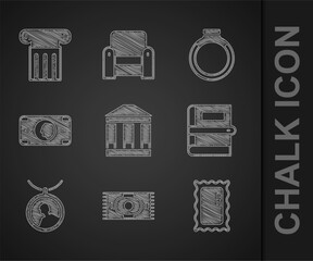 Set Museum building, Classic carpet, Big full length mirror, Book, Locket on necklace, Stacks paper money cash, Gold ring and Ancient column icon. Vector