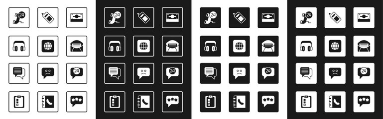 Set Stacks paper money cash, Worldwide, Headphones, Telephone 24 hours support, Mail and e-mail, Mobile, and Speech bubble chat icon. Vector