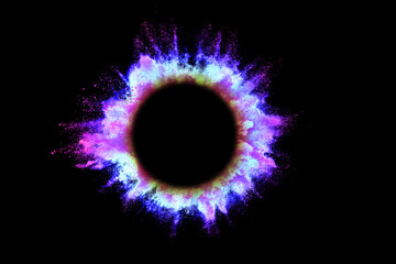 color powder explosive circle for text isolated on black background