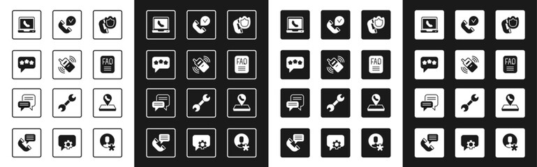 Set Telephone handset with shield, Mobile, Speech bubble chat, 24 hours support, FAQ information, Call center location and icon. Vector