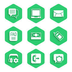 Set Stacks paper money cash, Outgoing call phone, Speech bubble chat, Mobile, Headphoneswith settings, FAQ information, Mail and e-mail and icon. Vector