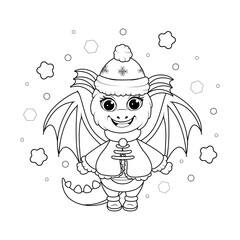 Coloring page. Cartoon Dragon in Christmas hat