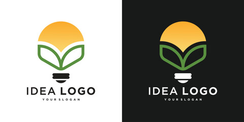 Design creative logo lightbulb, leaf and sun. Premium Vector