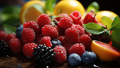 Freshness and sweetness of berry fruit on a wooden table generated by AI
