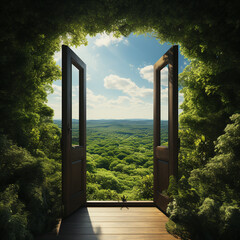 Open house door stands in a green landscape.