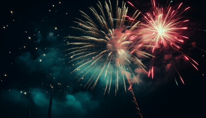 Fototapeta premium New Year Day bonfire ignites vibrant firework display, exploding with joy generative AI