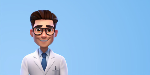 3d male doctor avatar. Cartoon detailed render, medical consultation on horizontal background, professional therapist man, vector banner - obrazy, fototapety, plakaty