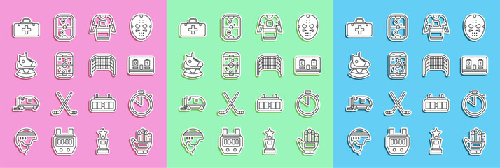 Set line Hockey glove, Stopwatch, mechanical scoreboard, jersey, Planning strategy, Skates, First aid kit and Ice hockey goal icon. Vector