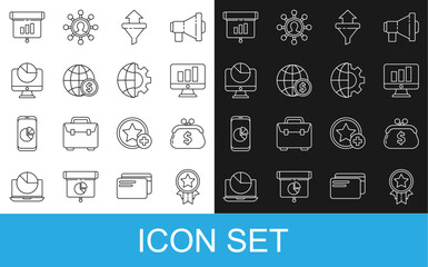 Set line Medal with star, Wallet dollar, Monitor graph chart, Sales funnel arrows, Earth globe, Computer monitor, Graph, diagram, infographic and Globe of the and gear icon. Vector